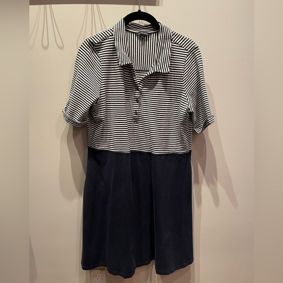 Lands End Pique Polo Dress, Navy Stripe Size 14-16 - Picture 1 of 3